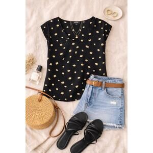 Madewell Women's Daisy Floral Blouse Black Short Sleeve Button Back Size L